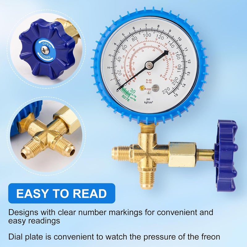 Tigbear R410A Manifold Gauge, Air Conditioning Refrigerant Recharge Pressure Gauge, 1/4 Refrigerant Manifold Freon Gauges for R410A R22 R134A R404A 220 PSI - Image 4